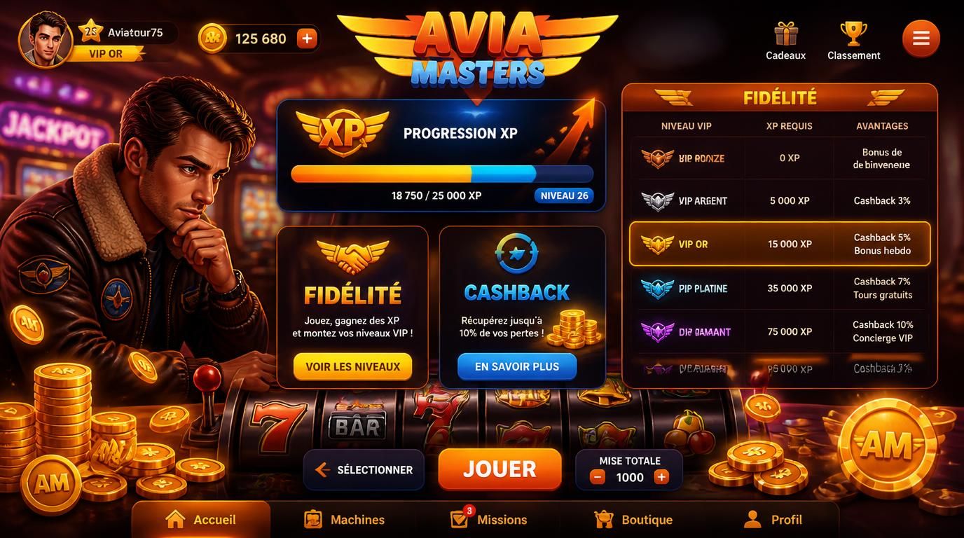 Un joueur utilisant une interface casino, montrant sa barre de fidélité et ses récompenses