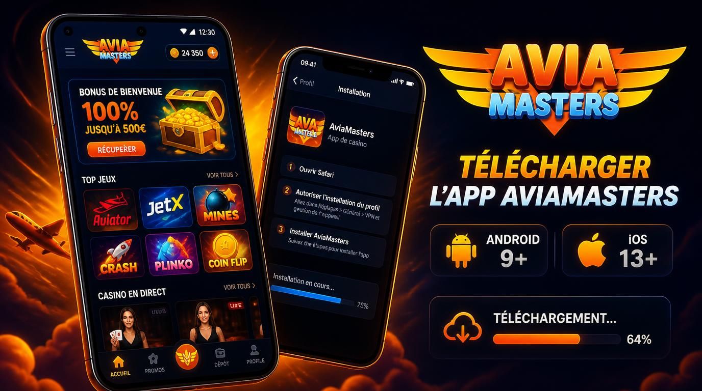 Interface mobile montrant téléchargement de l’app AviaMasters dans des tons sombres, Android et iPhone côte à côte