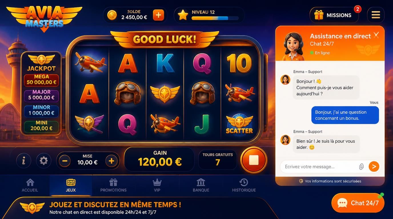 Interface slot avec chat intégré, joueur continue la partie pendant support