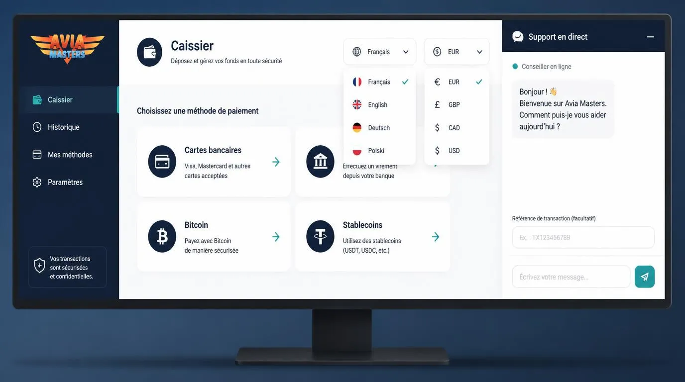 Interface de caisse en français avec sélection EUR, moyens de paiement et fenêtre de chat d’assistance