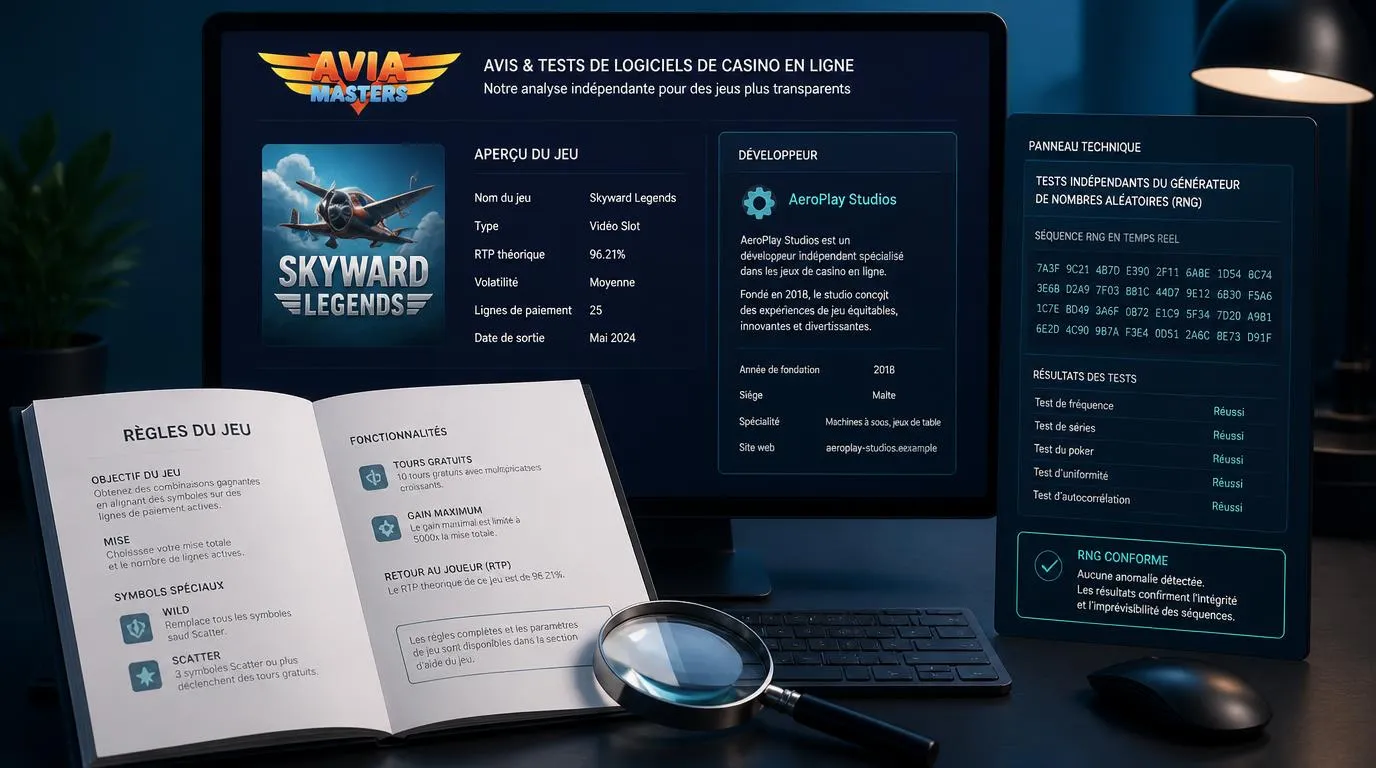 Interface illustrative de jeu en ligne avec règles, studio identifié et contrôle du générateur aléatoire
