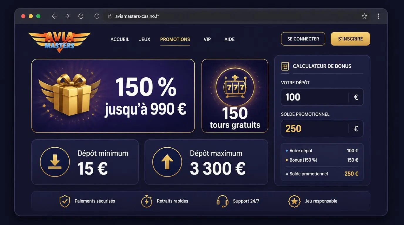 Interface de bonus affichant 150 % jusqu’à 990 €, 150 tours gratuits et les limites de dépôt
