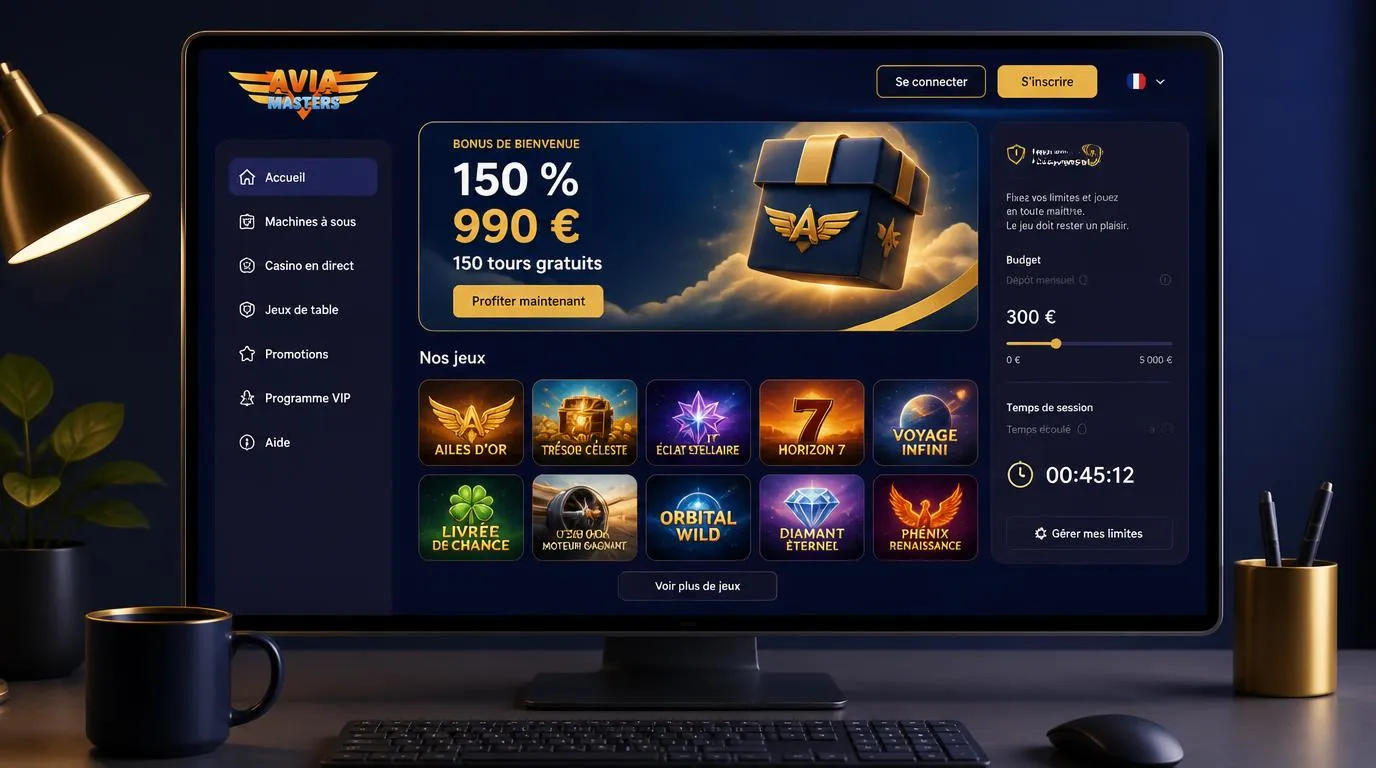 Écran de casino en ligne avec une offre de bienvenue, des cartes de jeux et un rappel des limites de budget