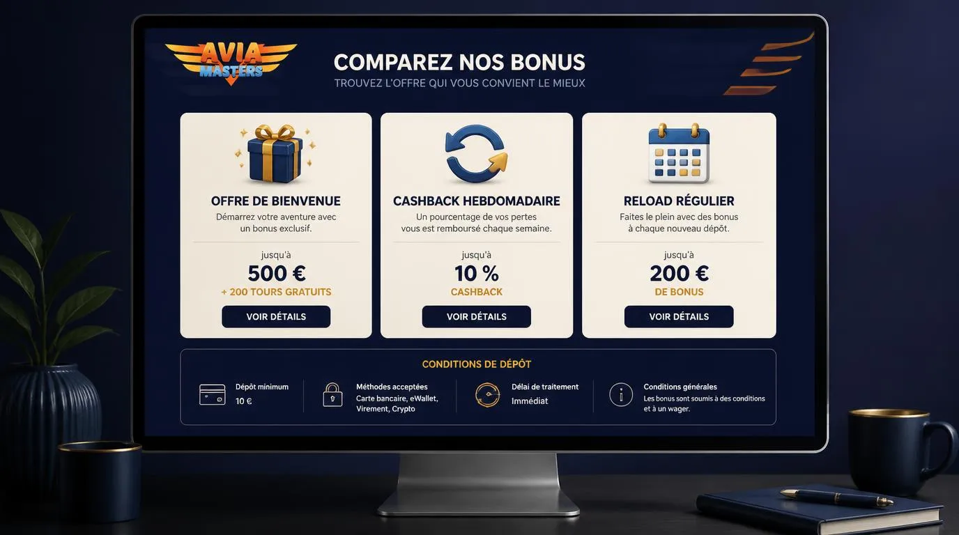 Tableau de bonus en ligne présentant une offre de bienvenue, un cashback et un bonus de rechargement