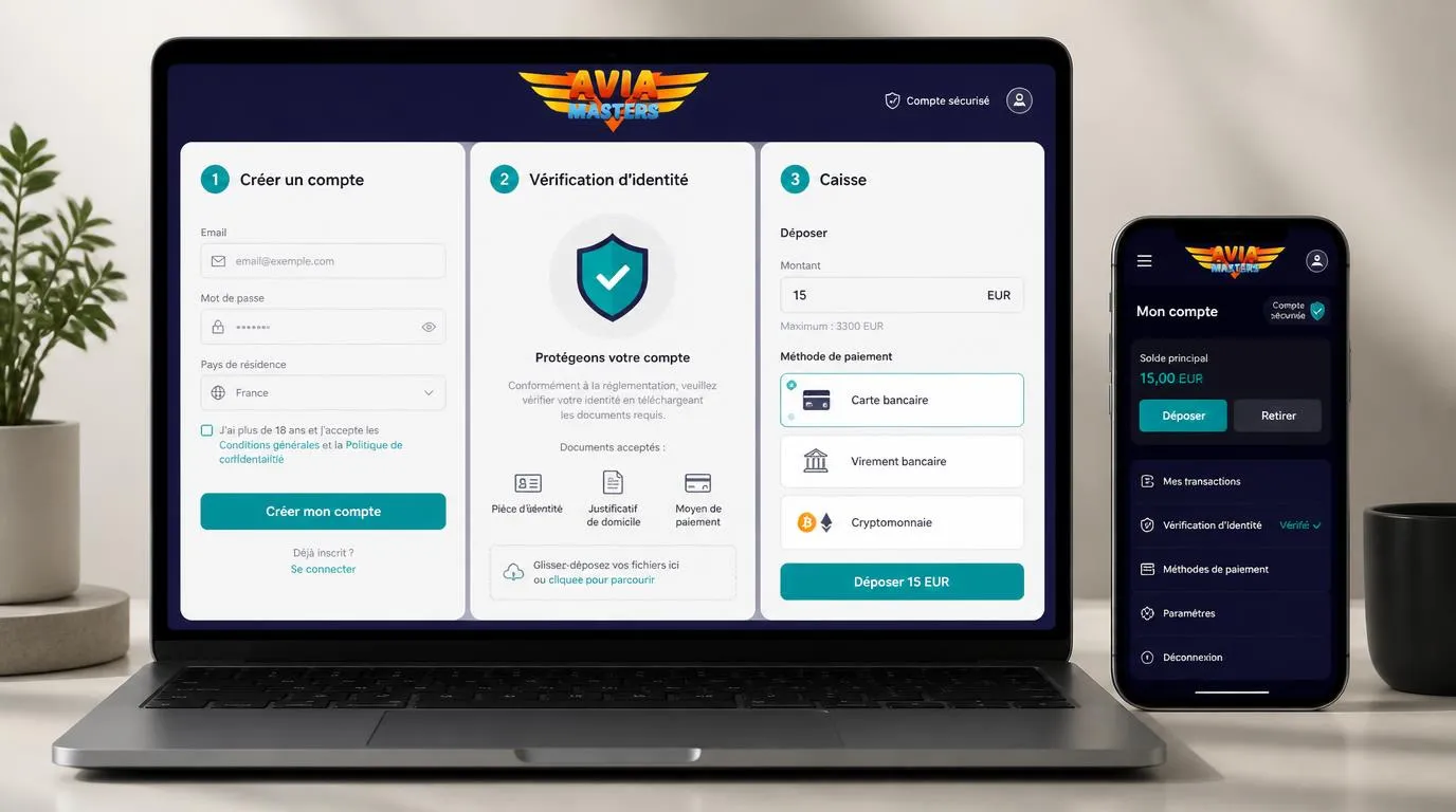 Interface de casino en ligne avec inscription, contrôle d’identité et sélection du dépôt à la caisse